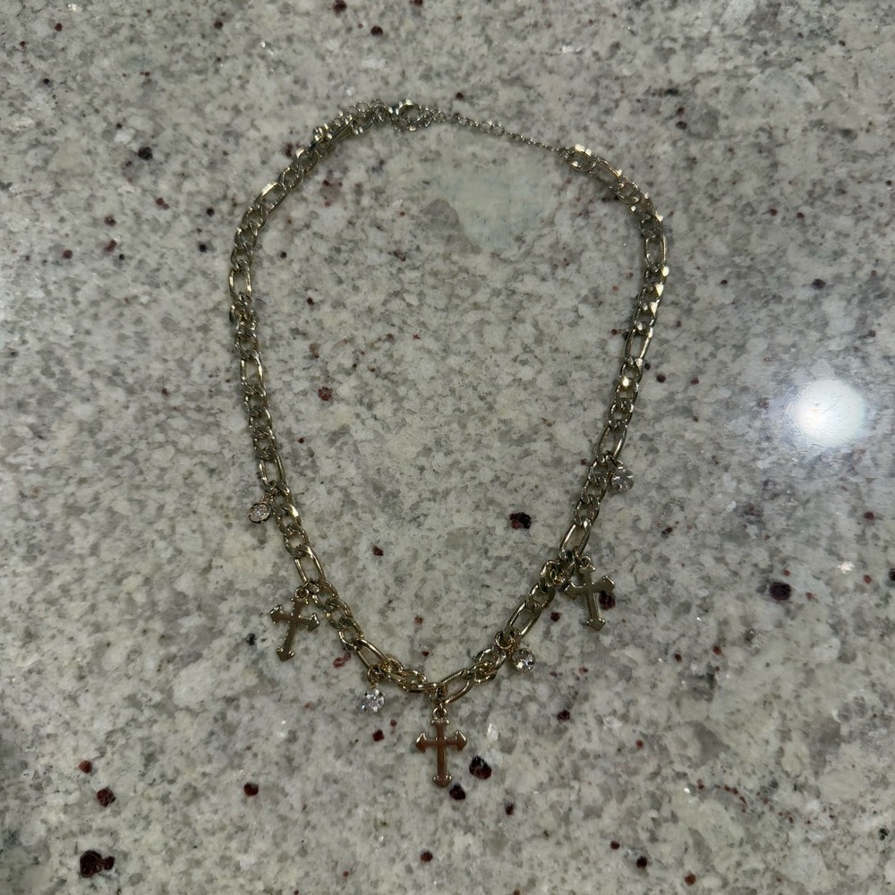 Gold Triple Cross with Rhinestone Chain Link Necklace